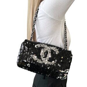 CHANEL Vintage CC Mark Logo Shoulder Bag Sequins Chain Black Leather  [106348]